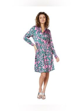 Esqualo Shimmer Rose Floral Green Pink Knot Dress Long Sleeve 6 NWT
